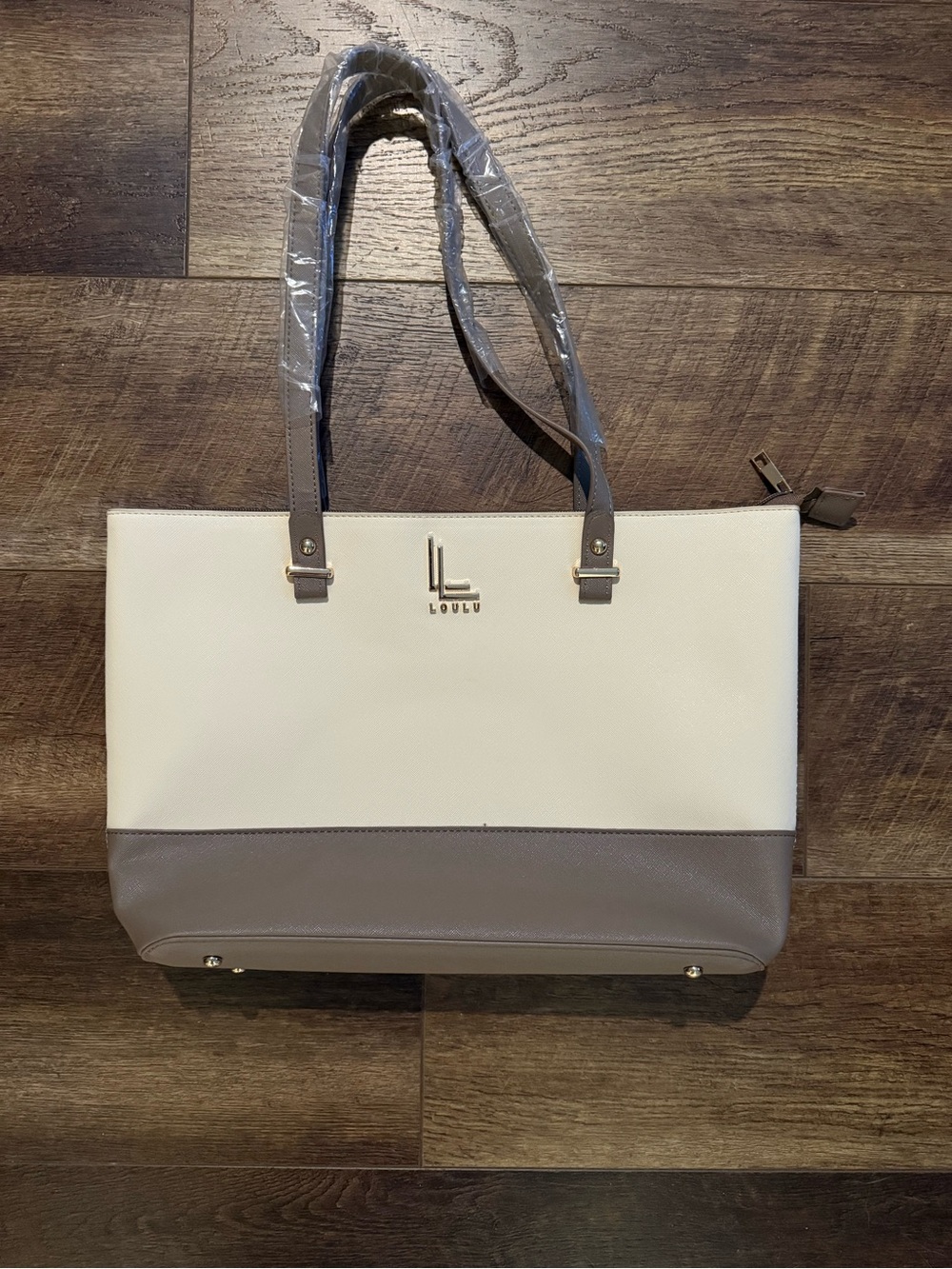 LOULU Two-Tone Cream and Taupe Structured Tote
